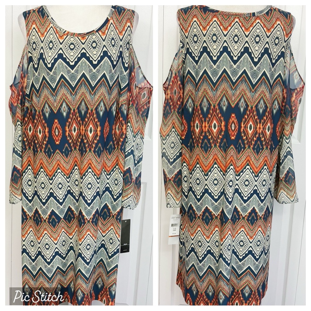 NWT R&K Colorful Boho Chevron Cold Shoulder Sheer Sleeve Dress 24W